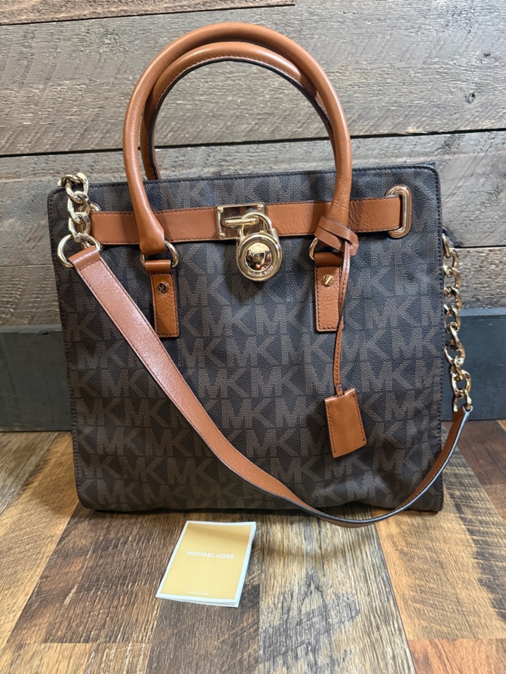 Michael Kors Hamilton Large Tote Brown MK Logo Leather Trim Like New w/ Strap